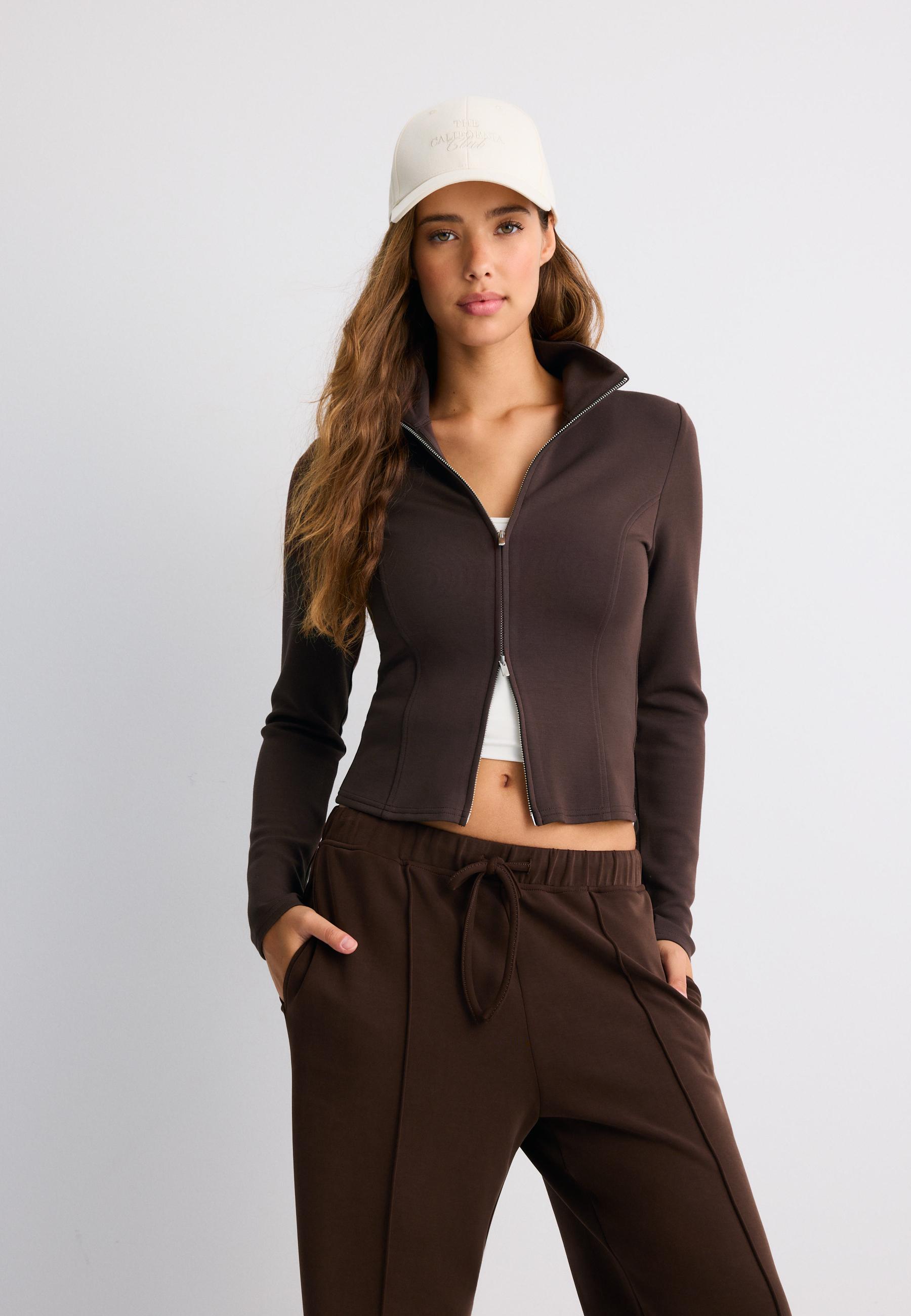 Soft-touch fitted zip-up sweatshirt — Brown