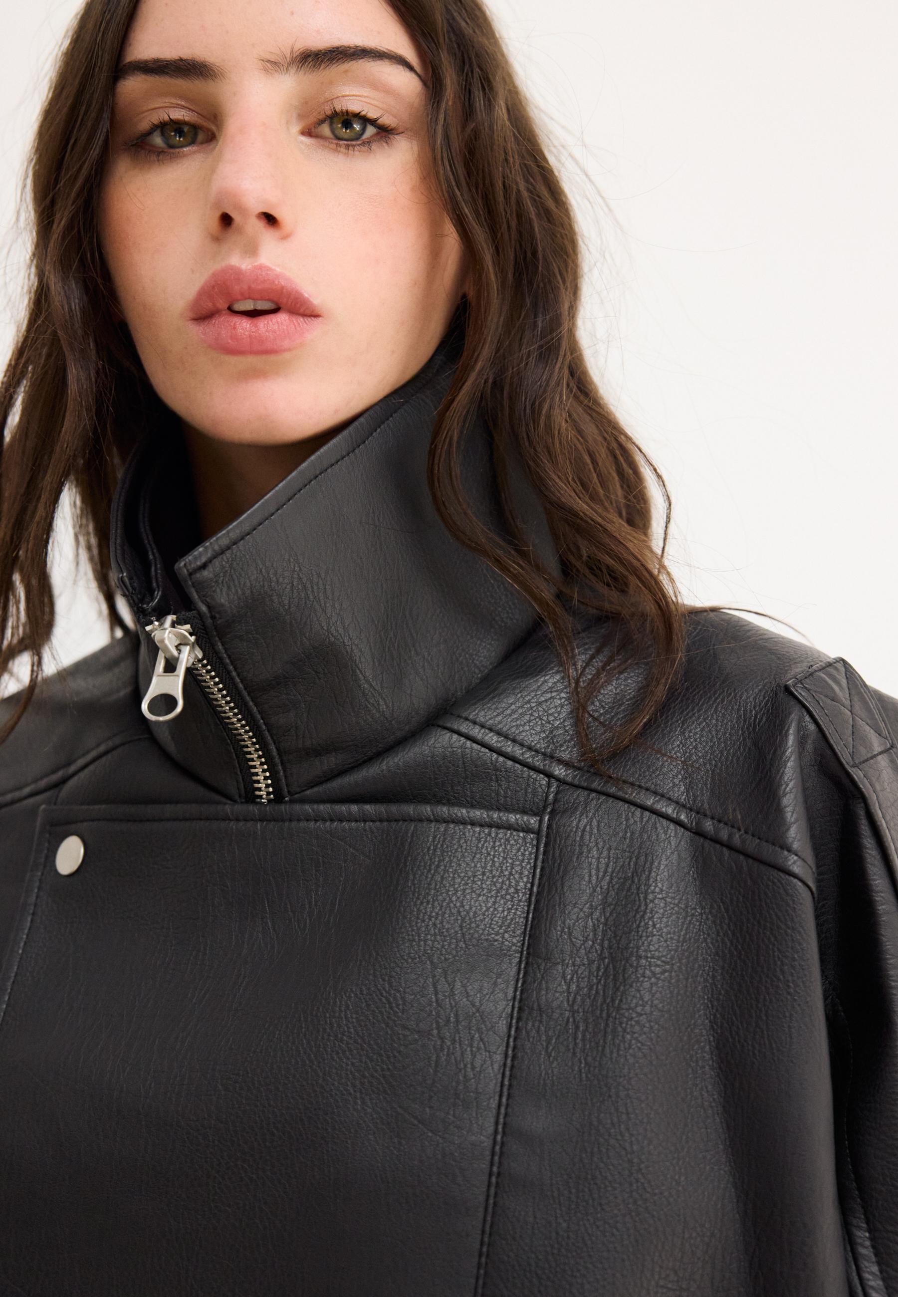 Oversize faux leather lapel jacket - Women's fashion