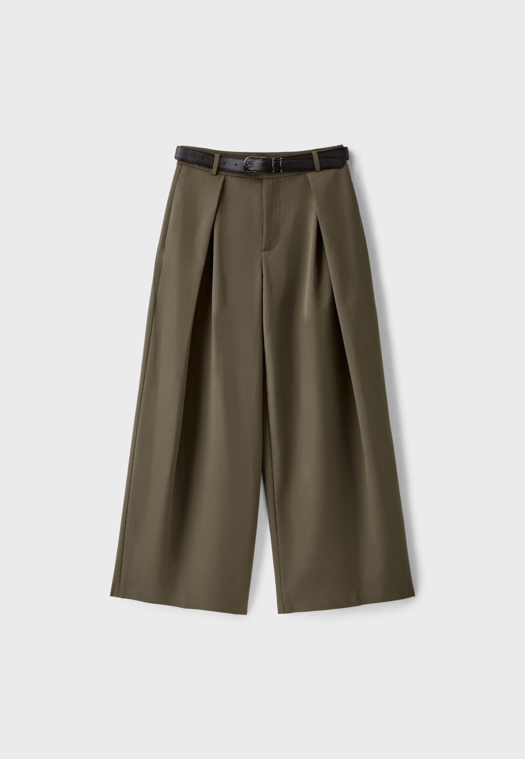 Wide-leg darted trousers with belt — Khaki