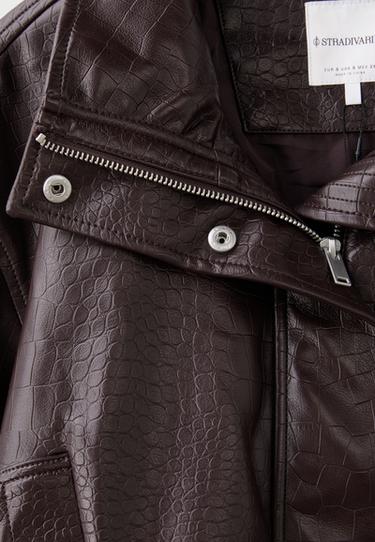Cropped leather effect croc-embossed jacket — Brown 9
