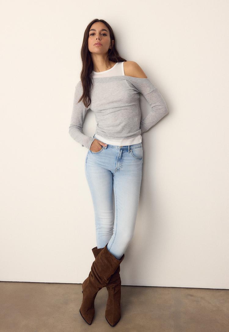 Stradivarius Διπλή Ασύμμετρη Μπλούζα Γκρι Μελανζέ M