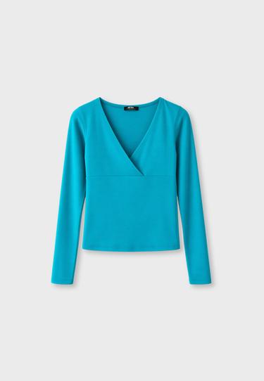 Long sleeve T-shirt with under-bust cut-out — Turquoise 7