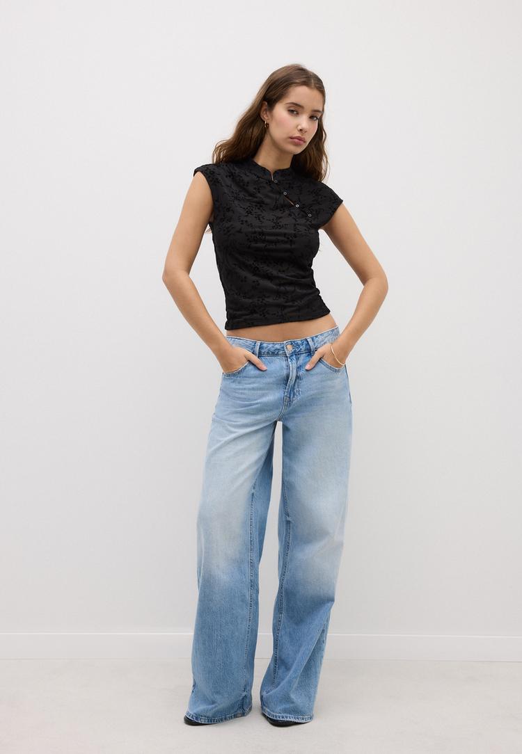 Stradivarius Φλοκαριστό Μπλουζάκι Τύπου Τσιπάο Μαύρο S