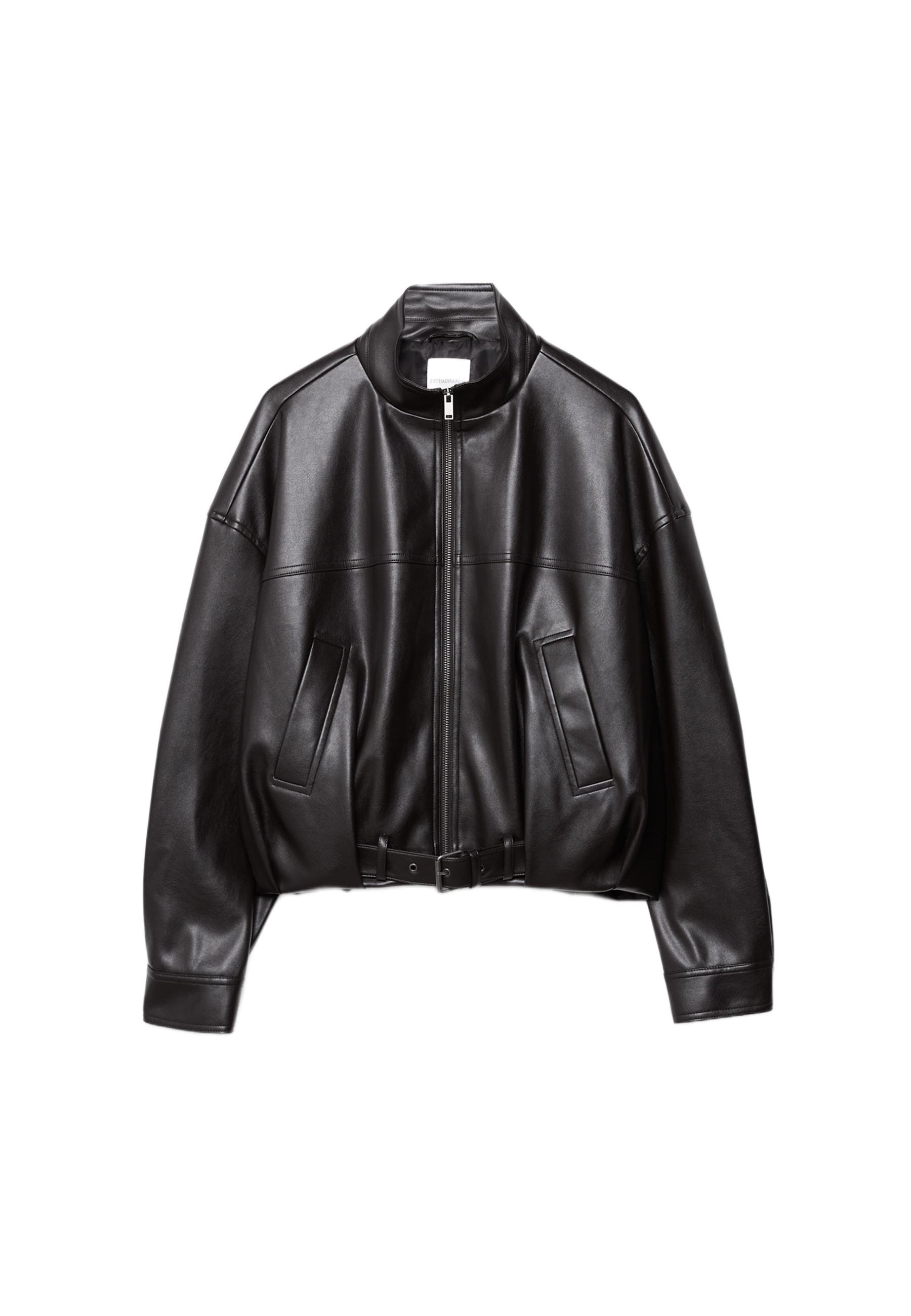 Leather effect belted bomber jacket — Brown