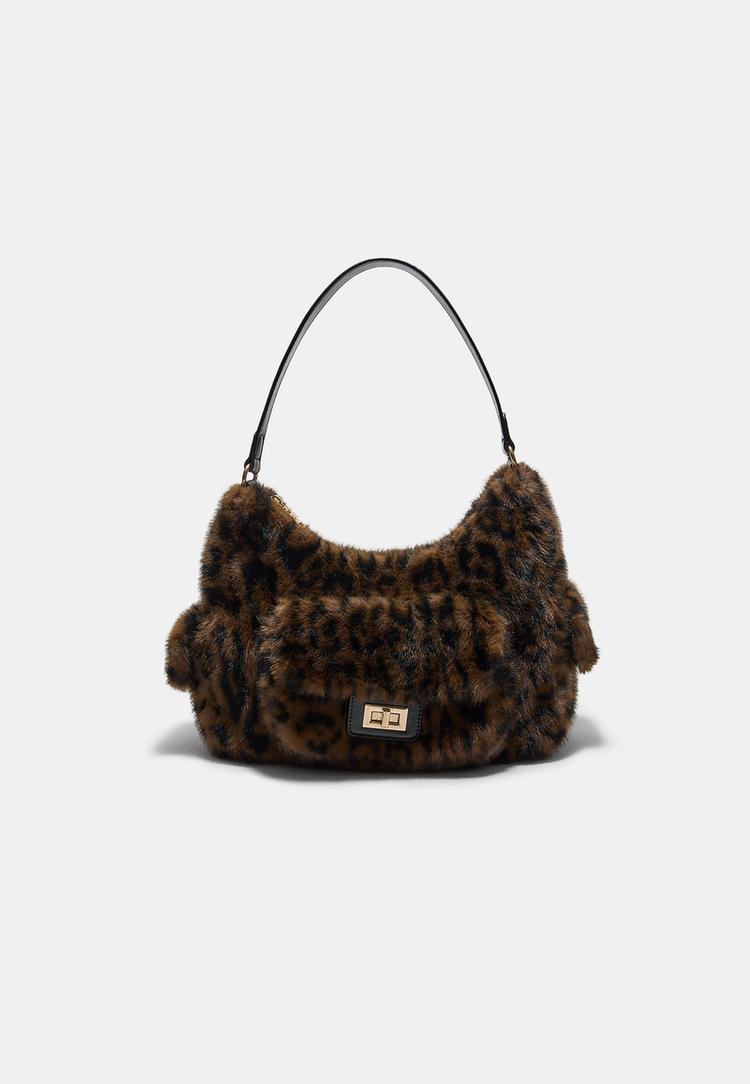 Stradivarius Geantă De Umăr Cu Buzunar Imitație De Blană Maro Os