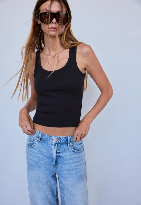 Stradivarius Geribbeld Racerback T-Shirt Van Katoen Zwart Xl