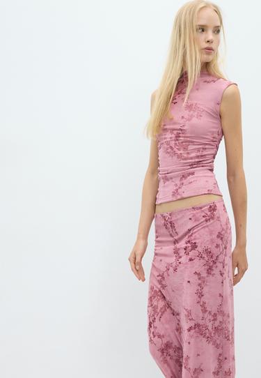 Flocked sleeveless funnel neck top — Salmon pink 6