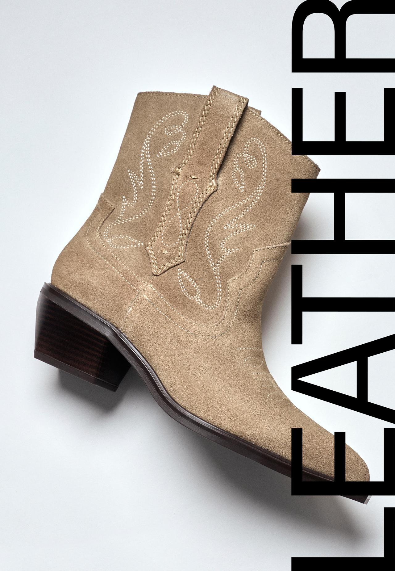 Leather cowboy heeled ankle boots — BEIGE