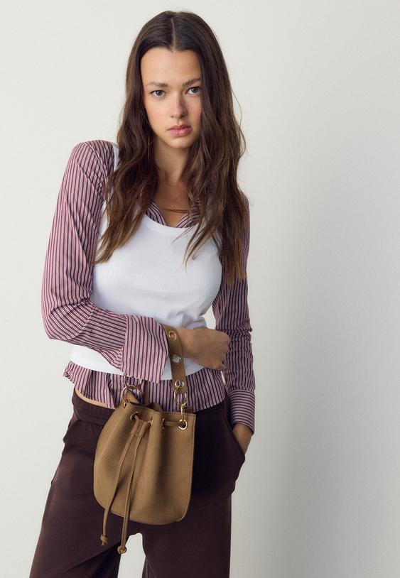 Stradivarius Rigid Eyelet Bucket Bag Caramel Os