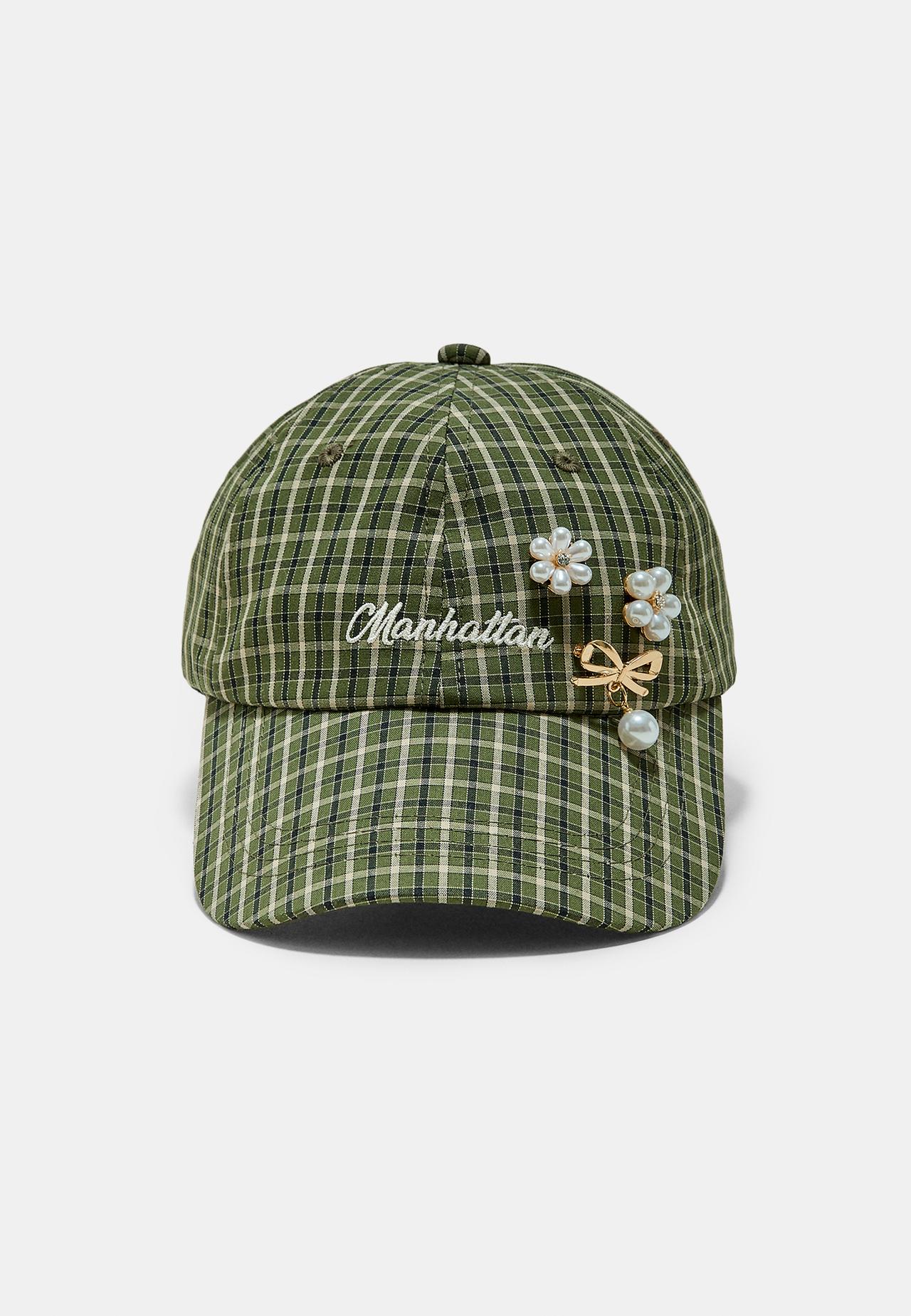 Checked cap with brooches — Khaki