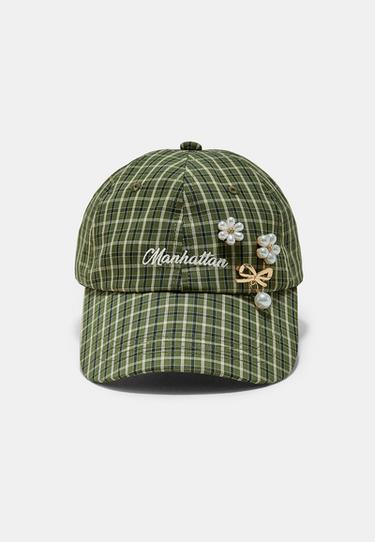Checked cap with brooches — Khaki 1