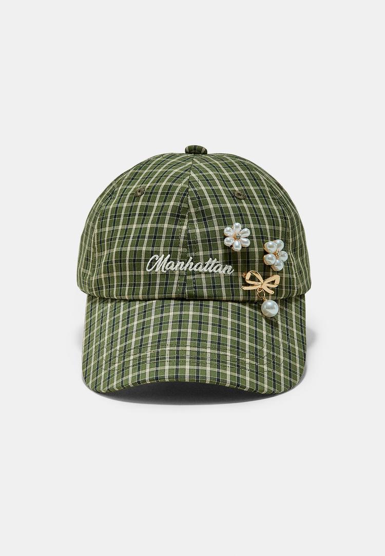 Checked cap with brooches — Khaki