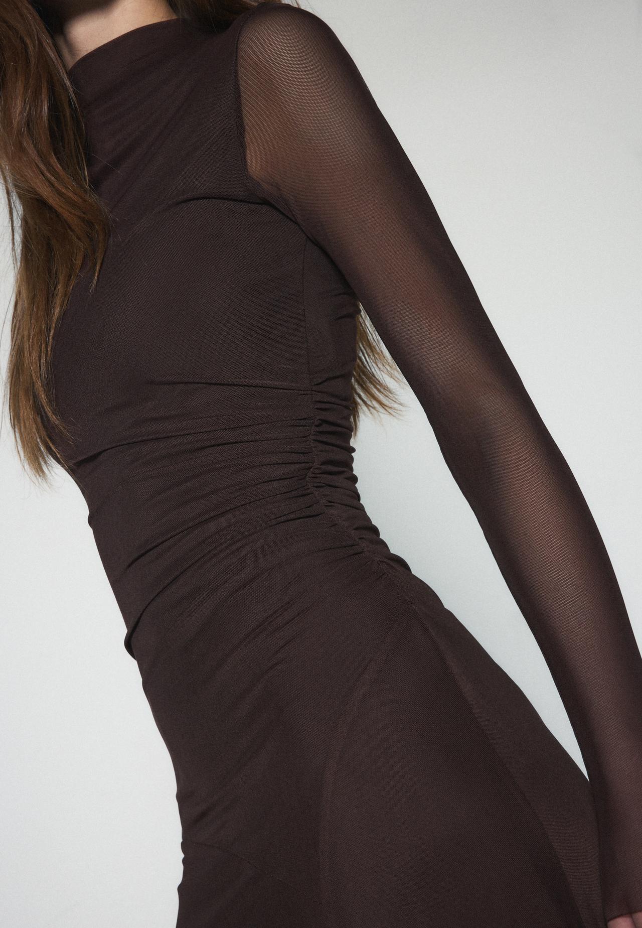 Long sleeve tulle midi dress — Brown