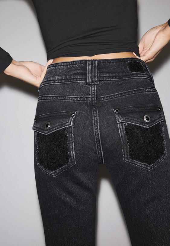 Stradivarius Low-Rise Sequin Jeans Black Denim Washed Effect 8