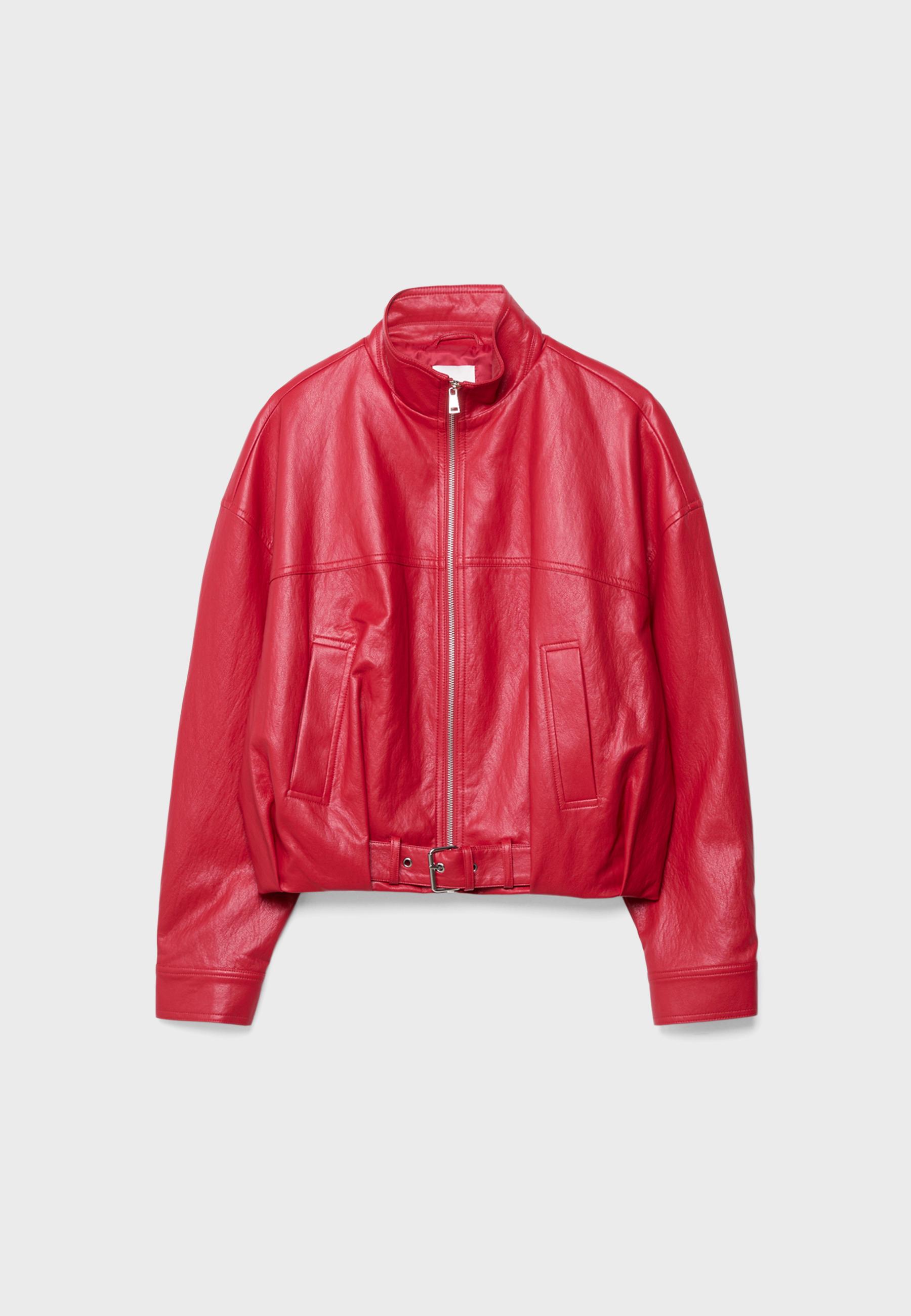 Leather effect balloon jacket with belt detail — Red