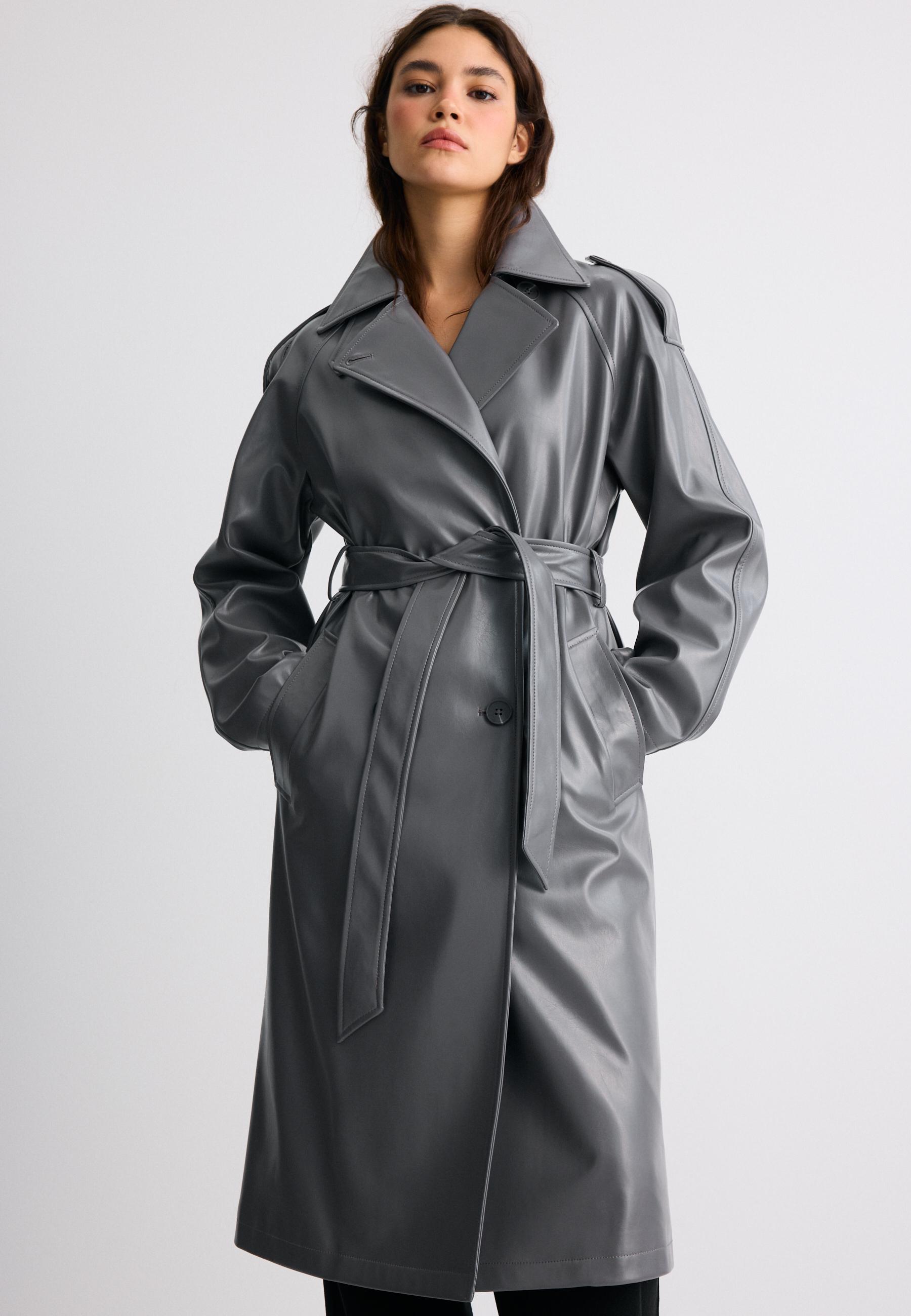 Long leather effect trench coat — Dark grey