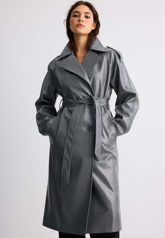 lange trenchcoat van kunstleer