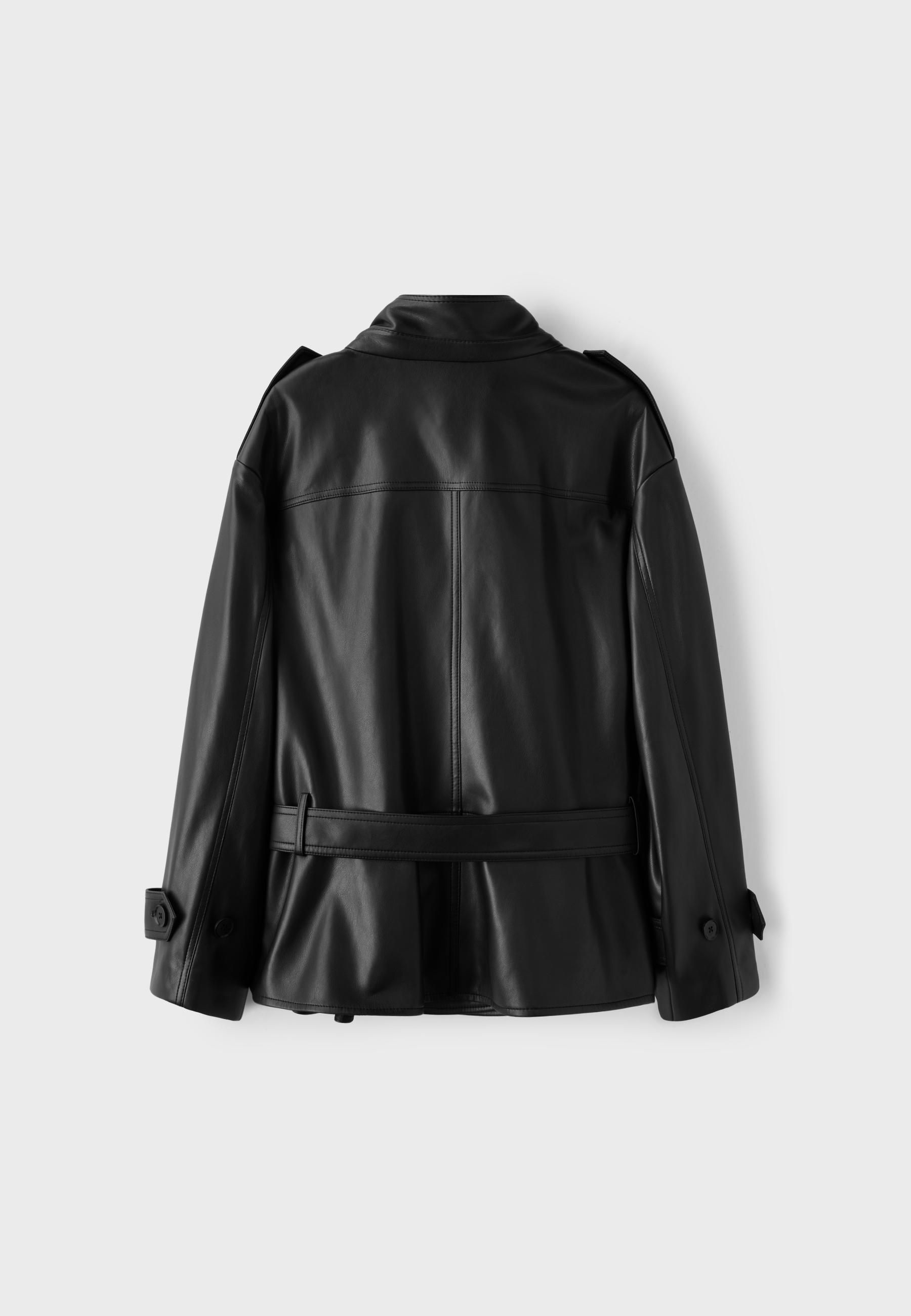 Fitted leather effect trench coat — Black