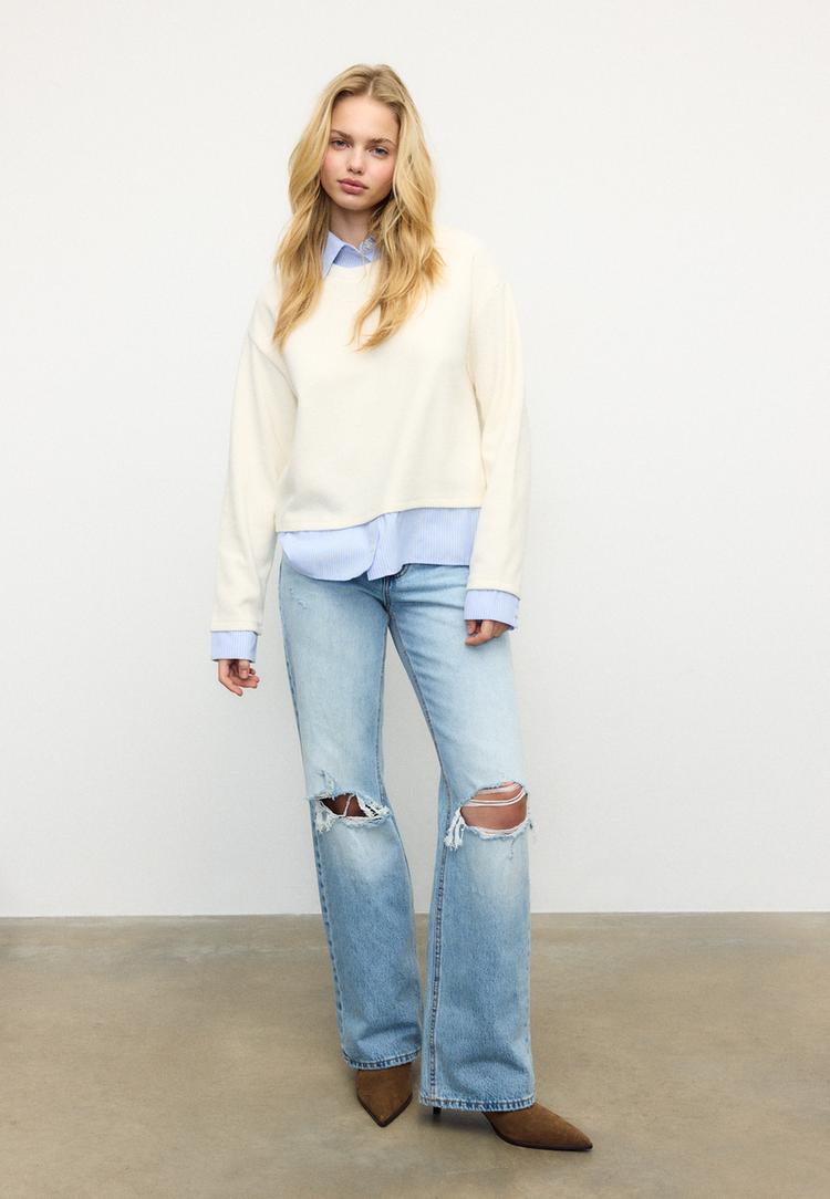 Stradivarius Μπλούζα Από Πλεκτό Ύφασμα Με Διπλή Υφή Εκρού M