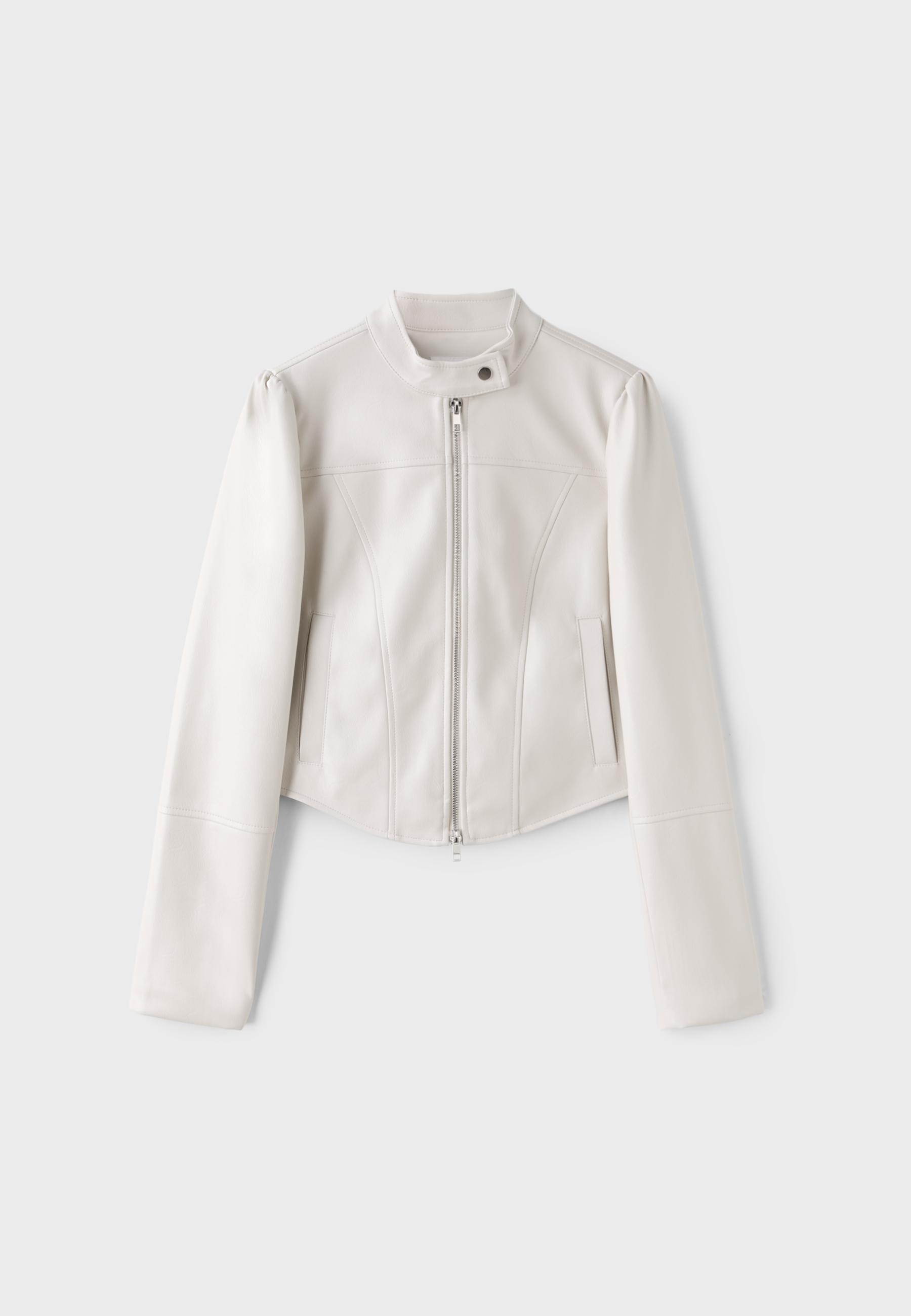 Cropped leather effect biker jacket — Ecru