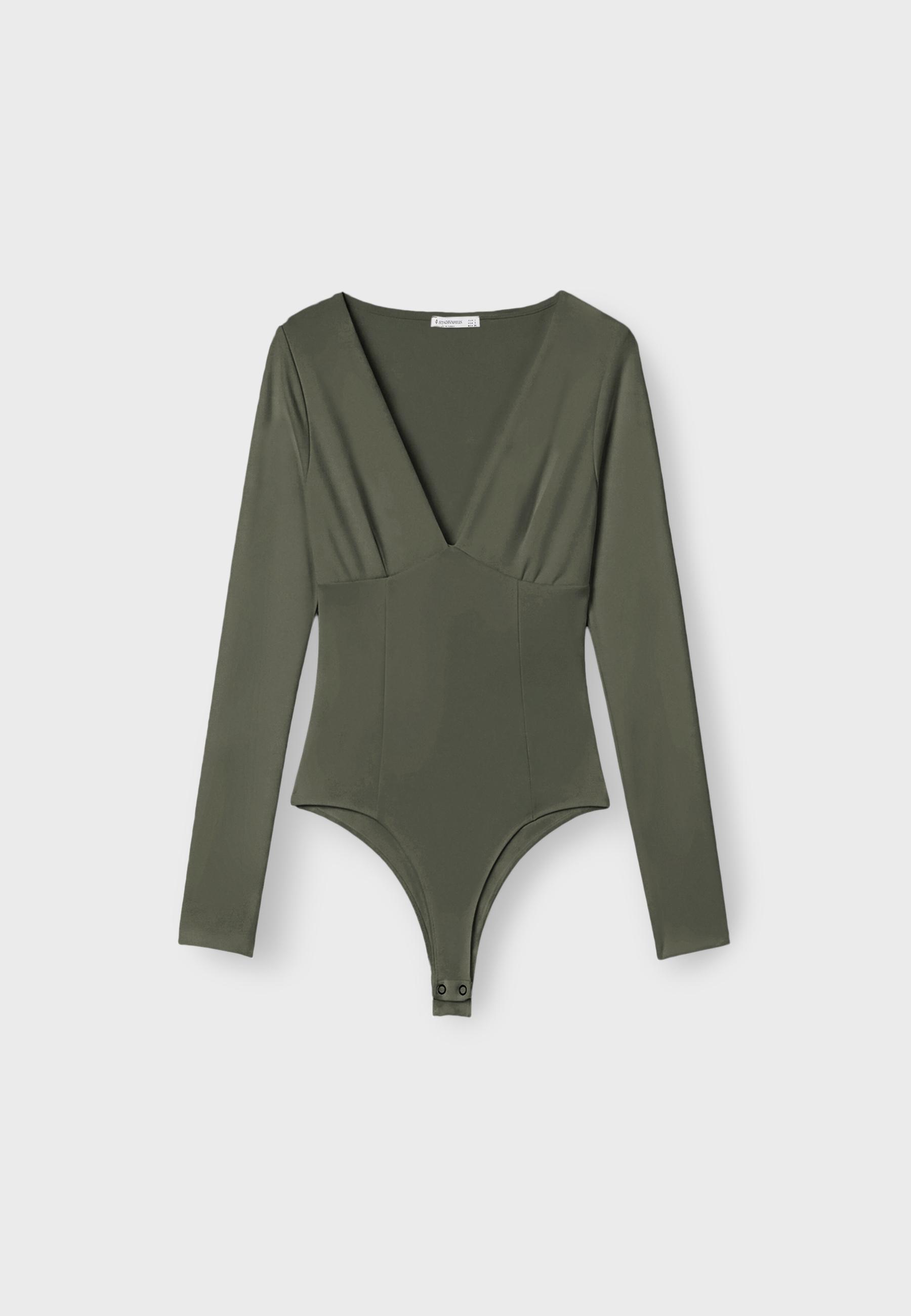 V-neck bodysuit with under-bust gathering — Khaki