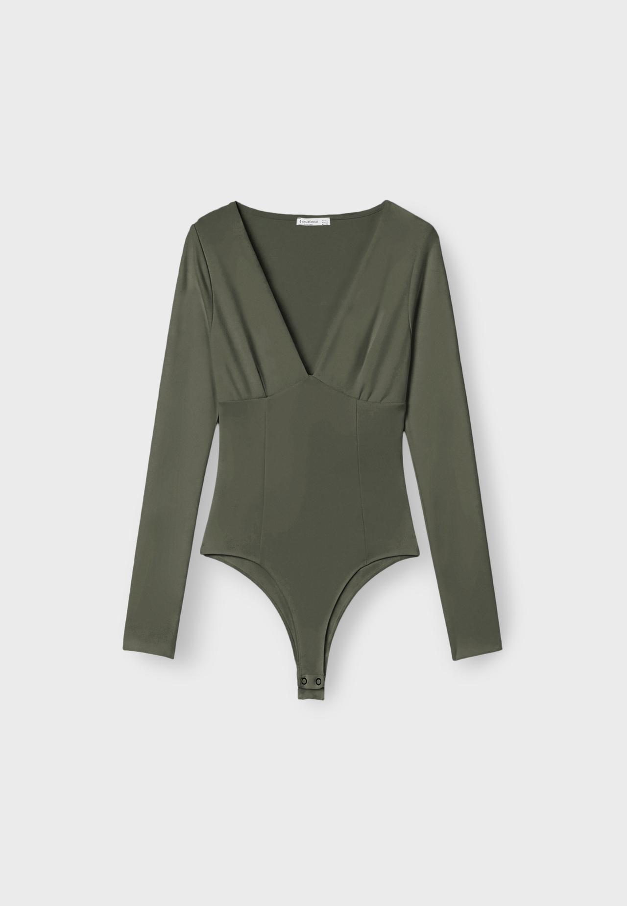 V-neck bodysuit with underbust detail — Khaki