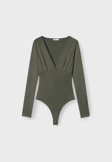 V-neck bodysuit with underbust detail — Khaki 7