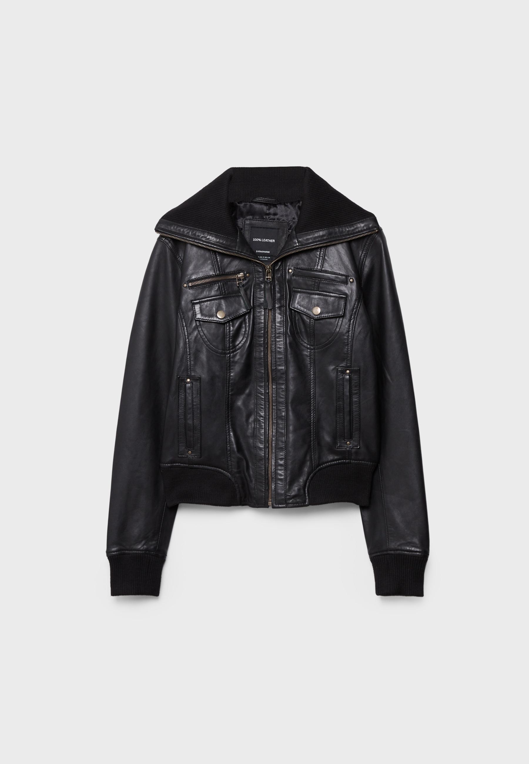 Ribbed Combined Leather Jacket - Women's fashion | Stradivarius