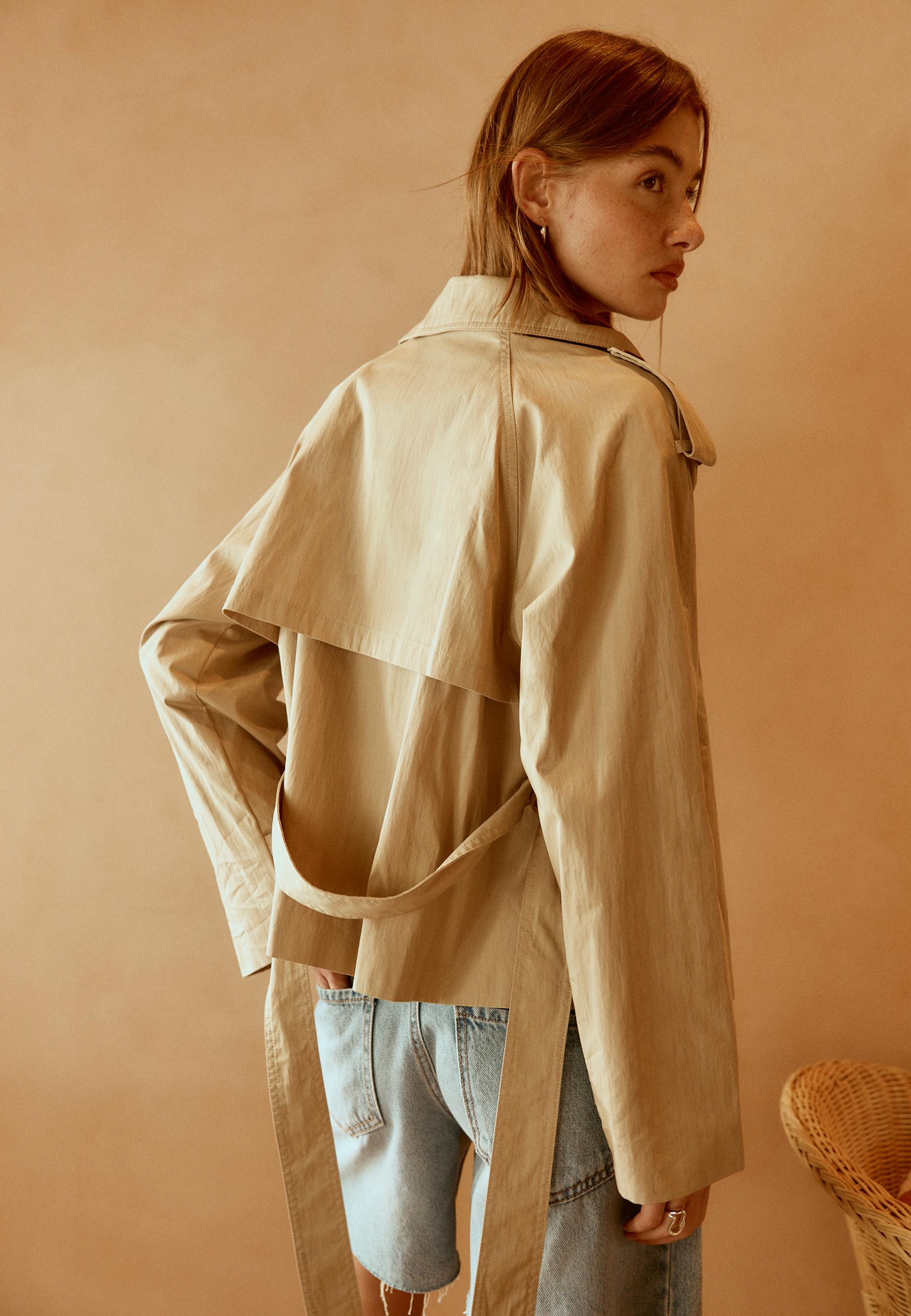 High-neck trench coat with belt — Beige
