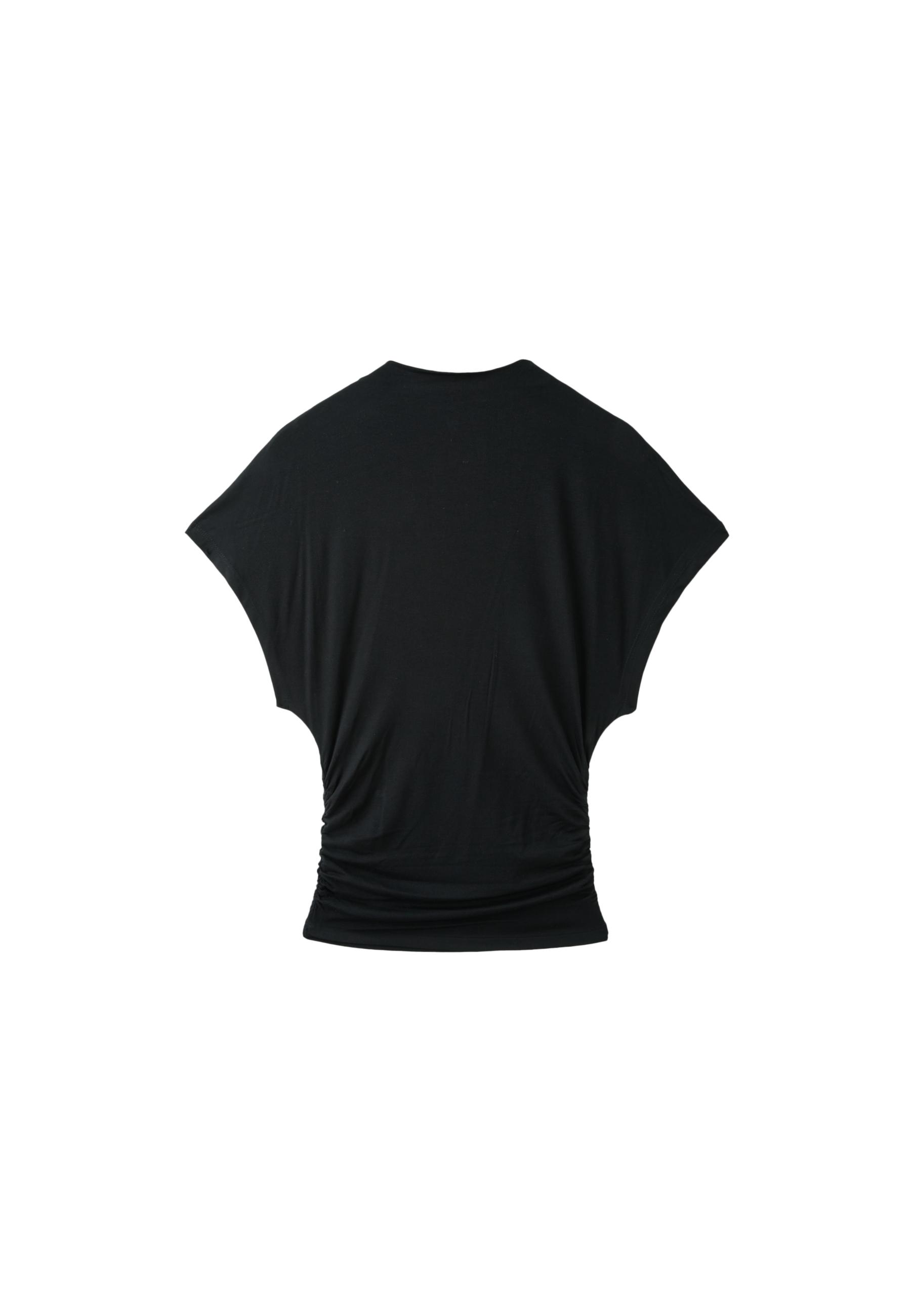 Short sleeve gathered mock neck T-shirt — Black