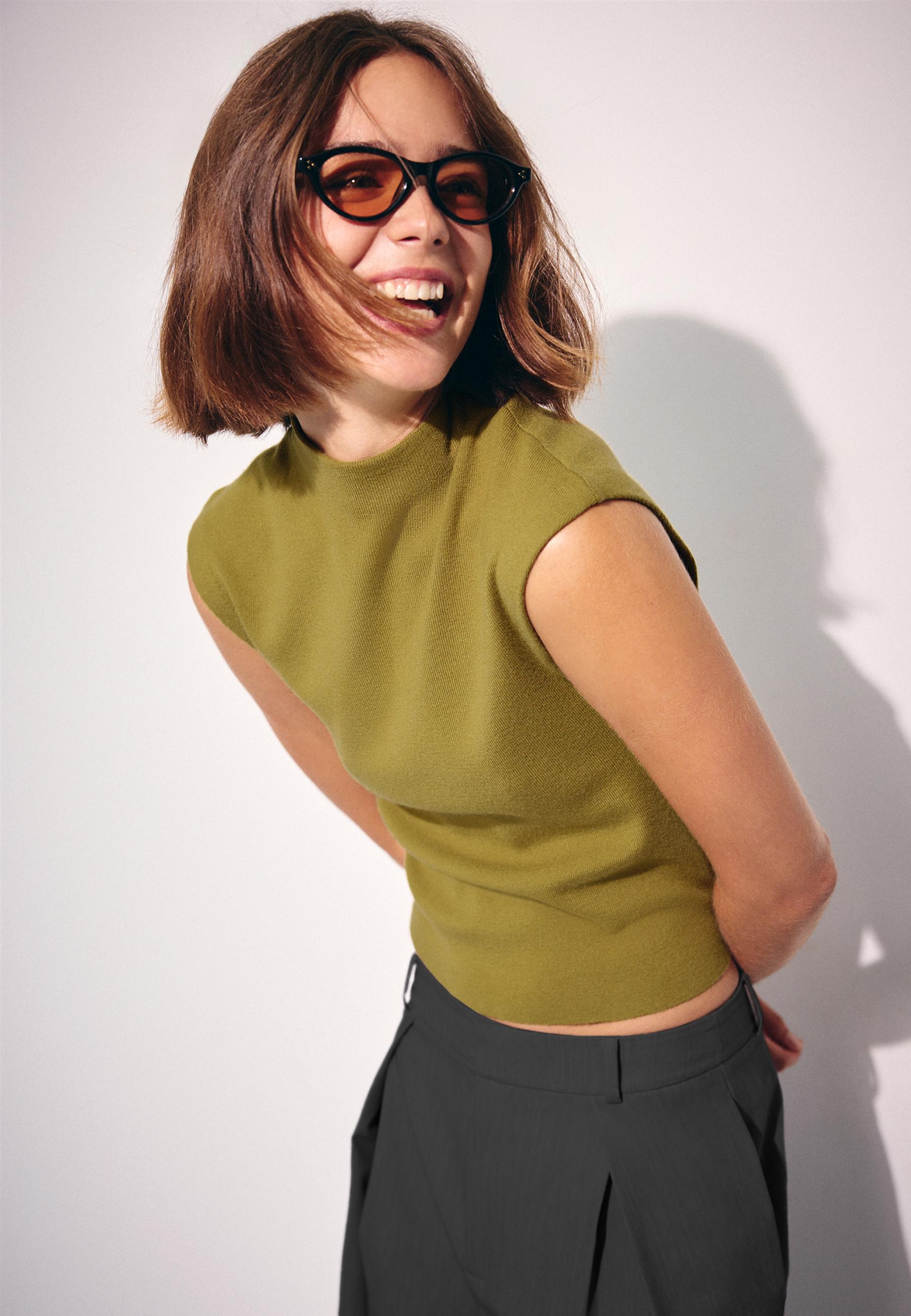 Stand collar knit top — Olive green