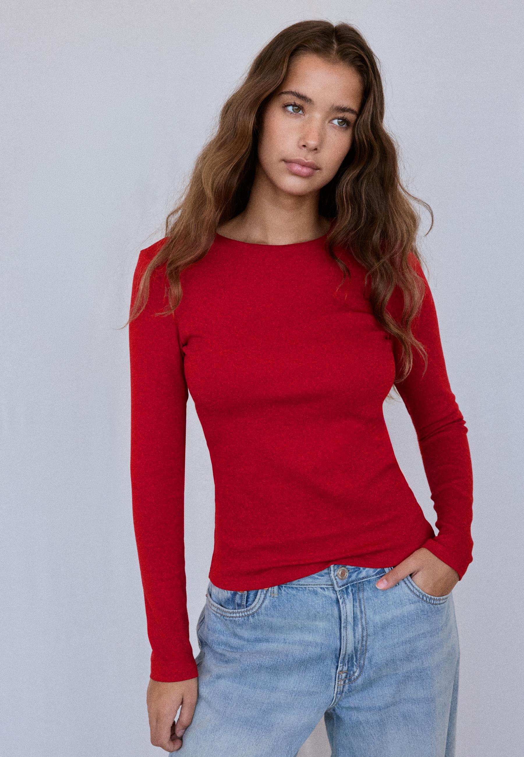 Stradivarius Μπλούζα Basic Με Μακρύ Μανίκι Κόκκινο S