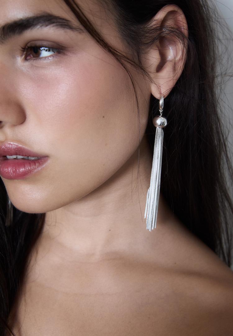long hoop earrings with metal tassel