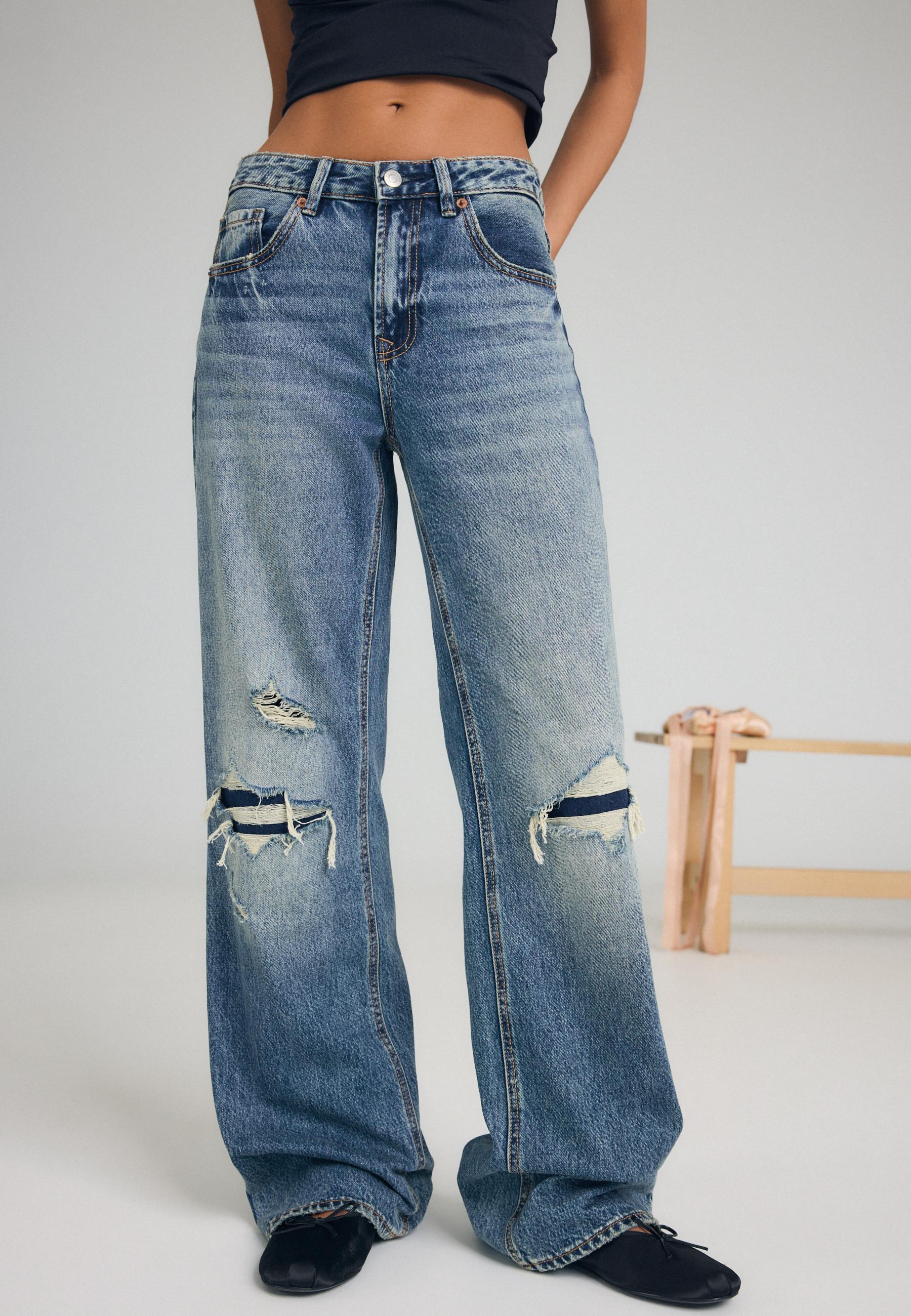 Stradivarius D92 Τζιν Παντελόνι Straight Wide Πολύ Σκούρο Μπλε/Αποκολλαρισμένο 42