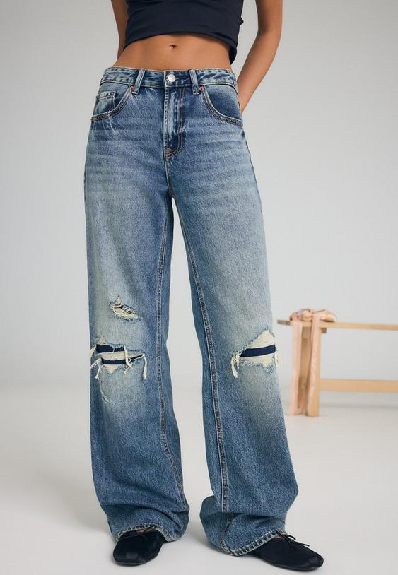 Stradivarius D92 Recht Model Jeans Met Wijde Pijpen Overgeverfde Denim Wassing 36