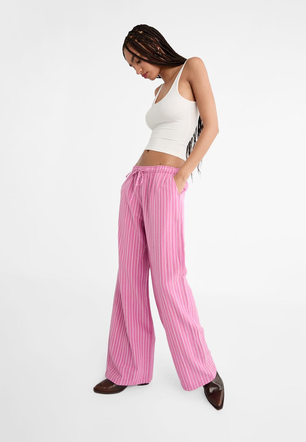 Striped relaxed fit linen blend trousers