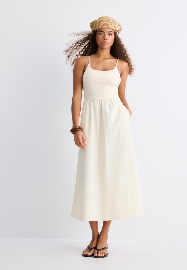 Stradivarius Rochie Midi Bimaterial Bretele Ecru Xl