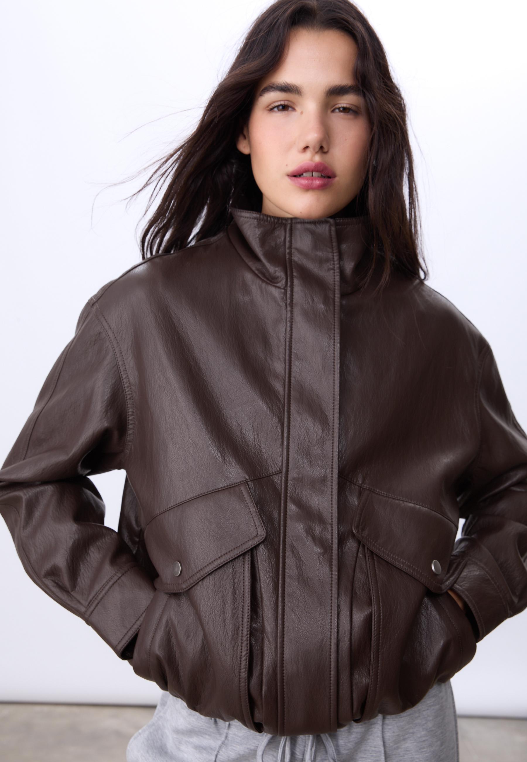 Oversize faux leather jacket — Brown