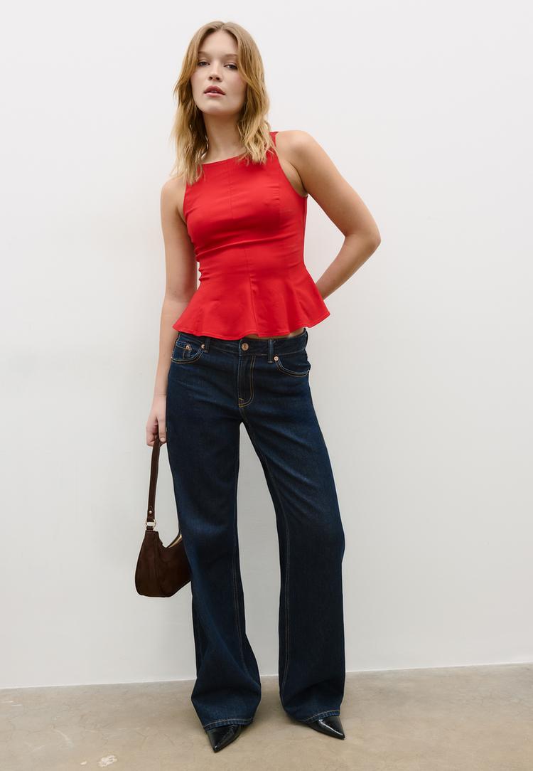Stradivarius Αμάνικο Τοπ Peplum Κόκκινο Xs