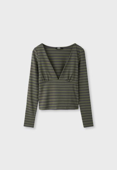 Long sleeve under-bust seam T-shirt — Khaki 7