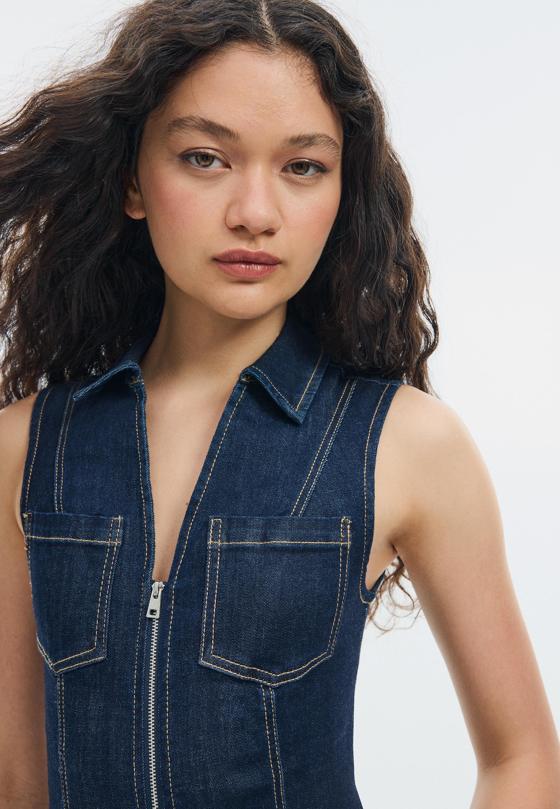 Kısa kolsuz denim elbise fermuarlı - Görsel 7