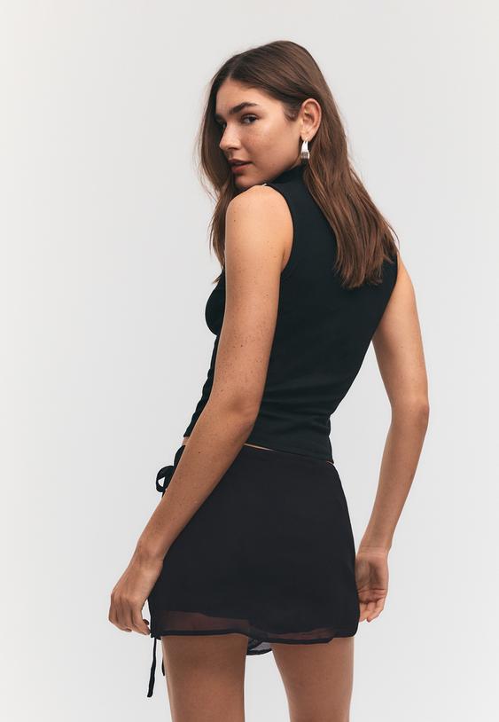 Stradivarius Mini Wrap Skort With Embroidery Black Xl