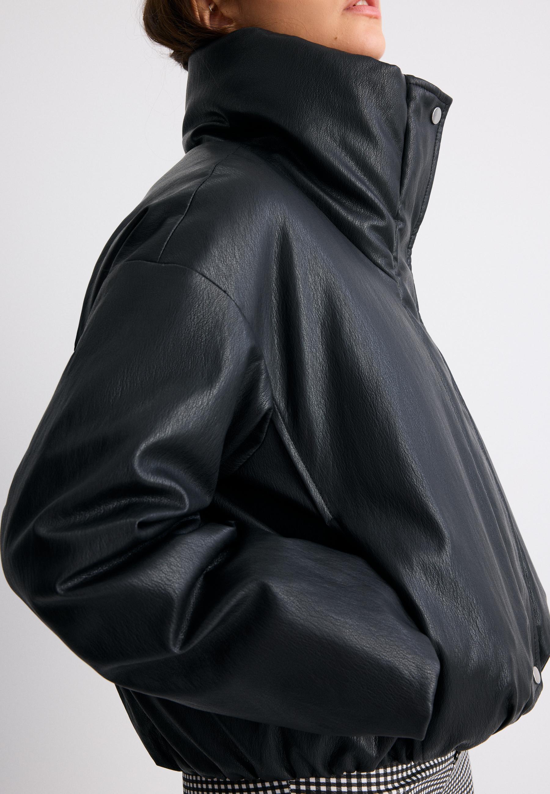 Leather effect high neck puffer jacket — Black