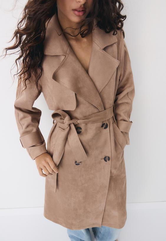 Stradivarius Long Faux Suede Trench Coat Caramel L