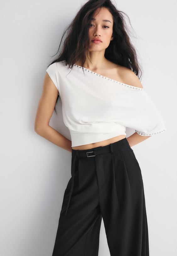 Stradivarius Pantalon Large Détail Boucle Noir 38