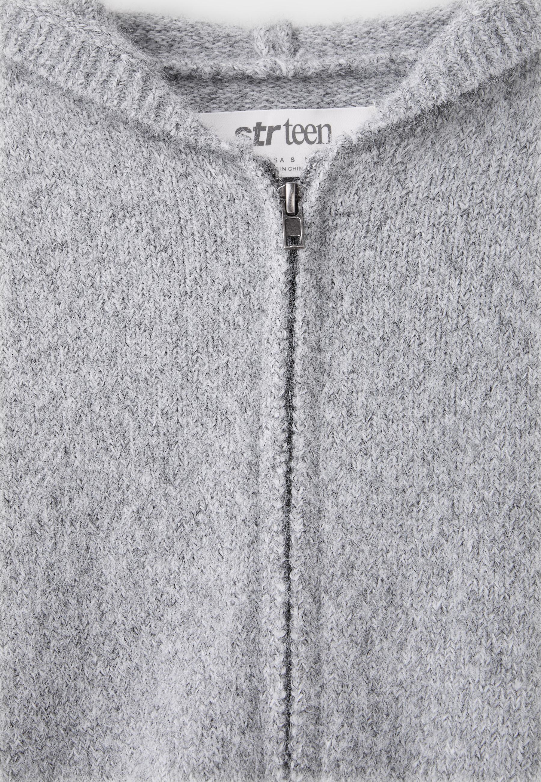 Zipped hooded knit cardigan — Grey melange
