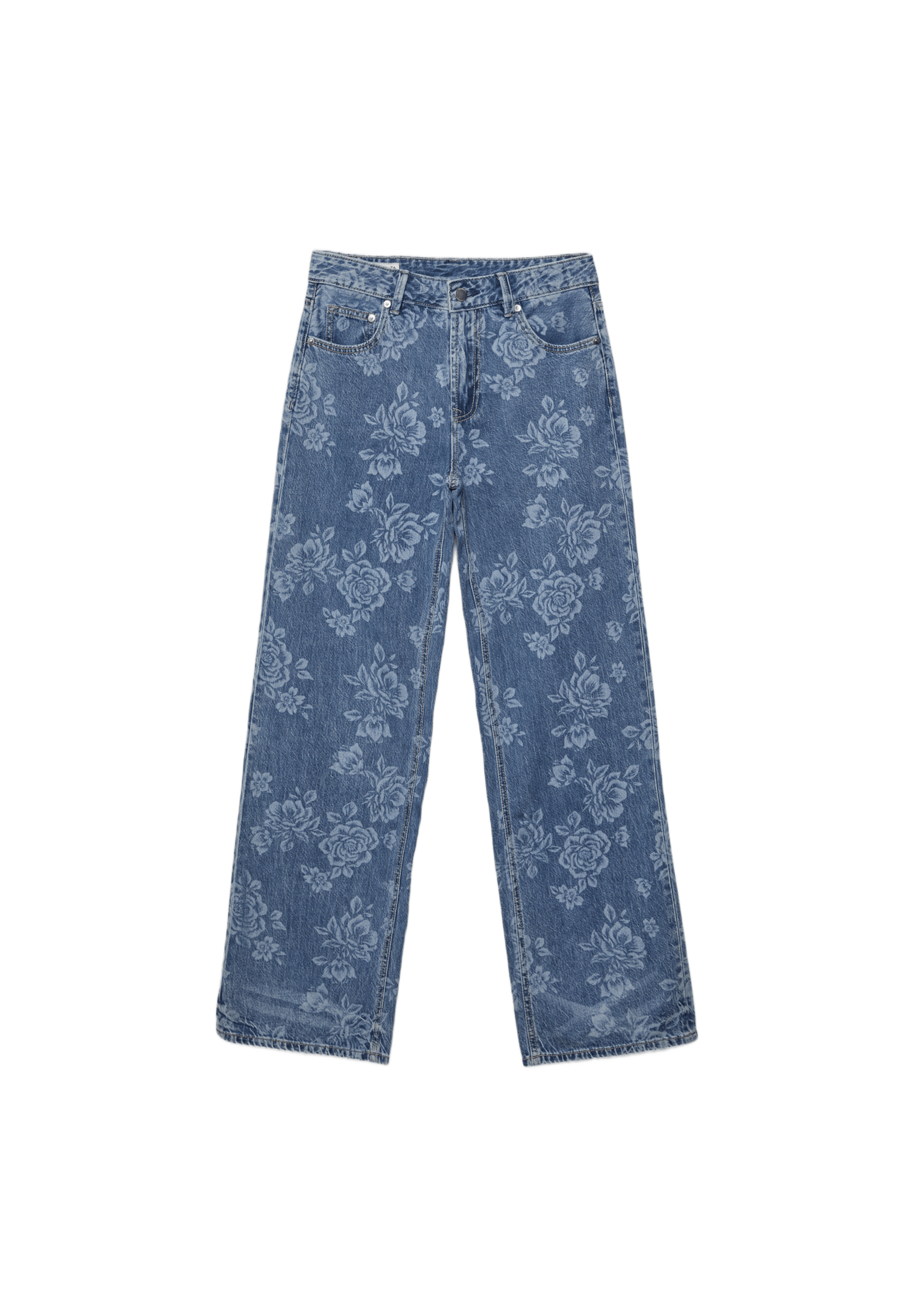 Straight-leg jeans with laser floral print — MEDIUM BLUE DENIM