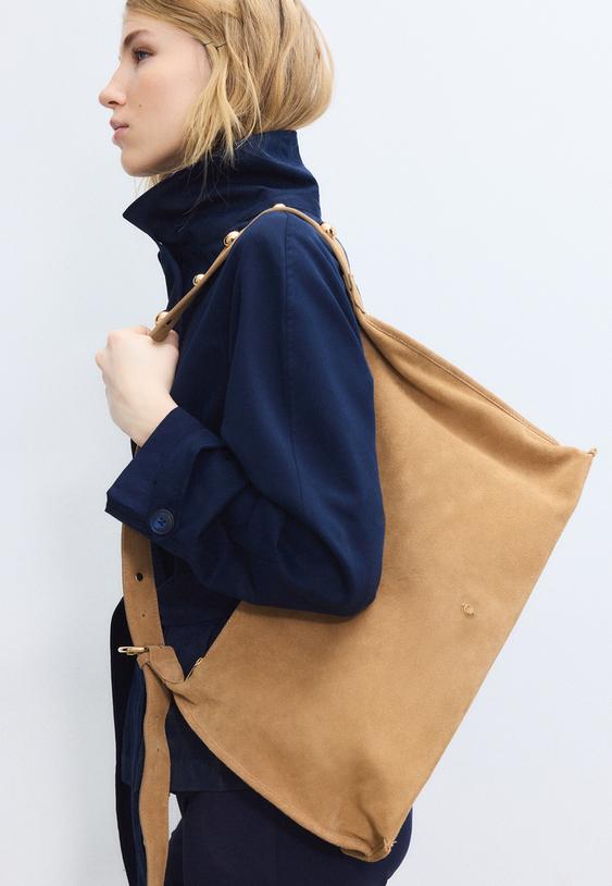 Stradivarius Studded Flat Shoulder Bag, 100% Leather Beige Os