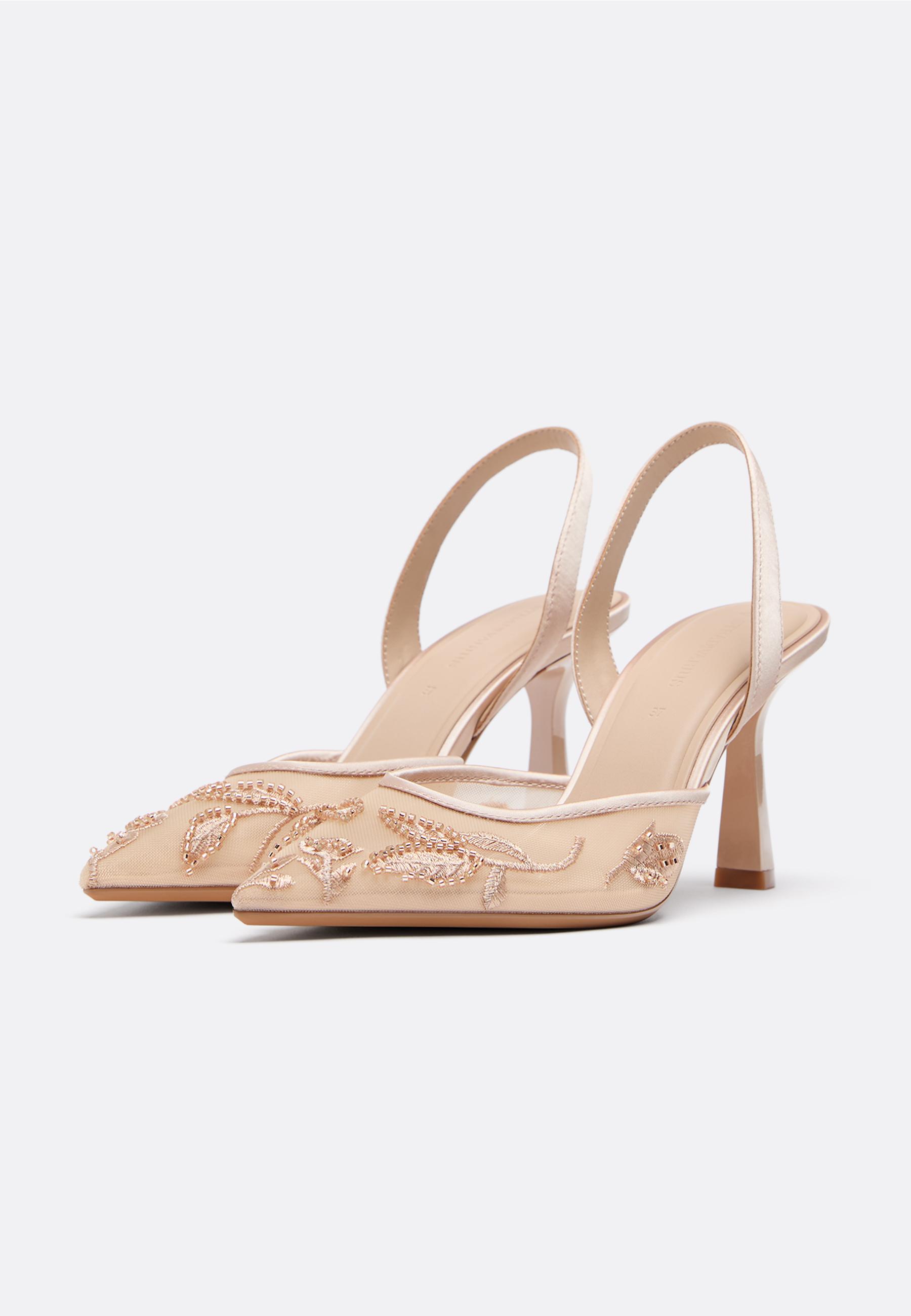 Mesh rhinestone heeled shoes — BEIGE
