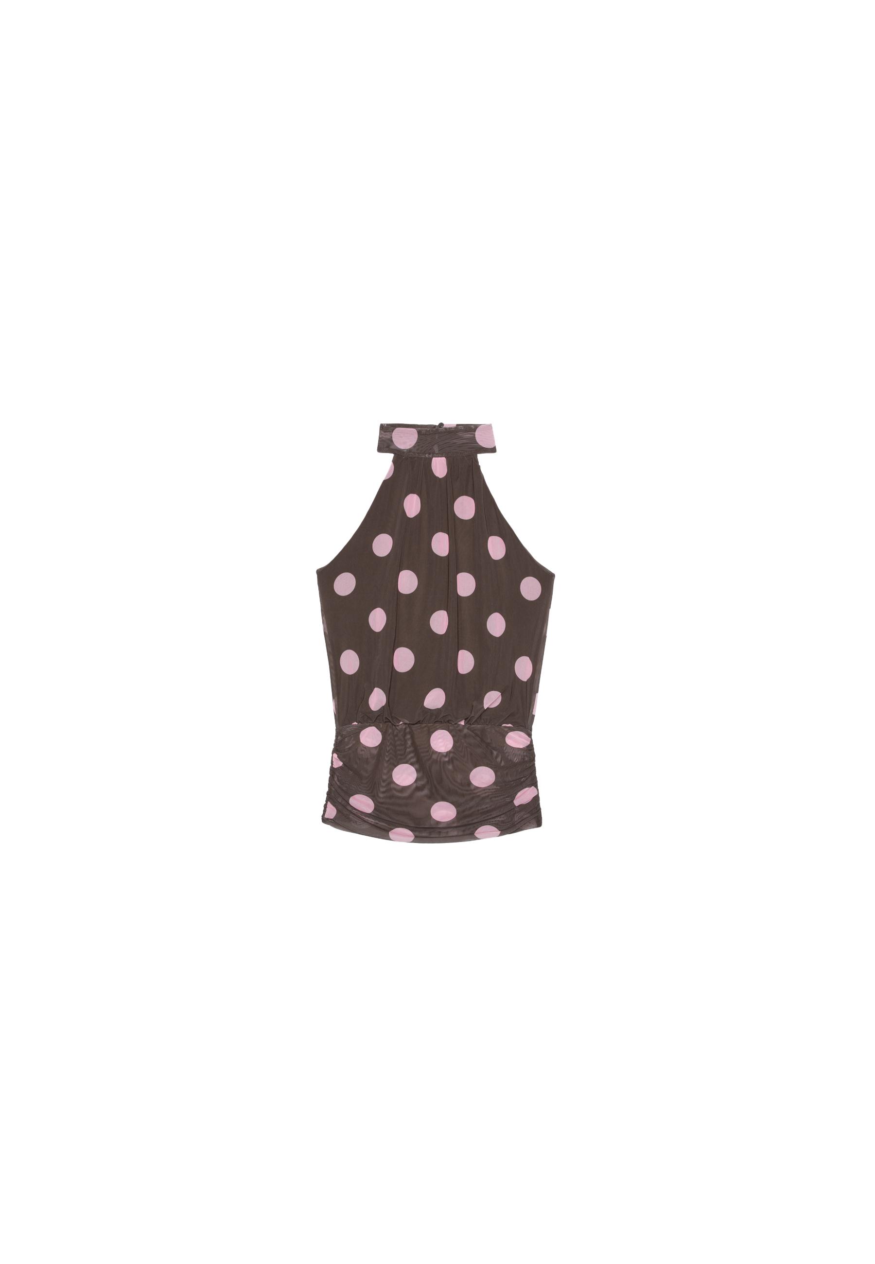 Puff mesh print halter top — Salmon pink